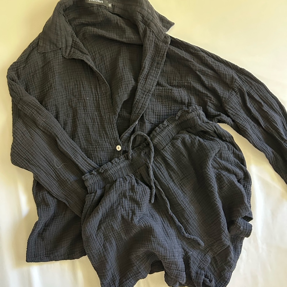 Black Crinkled Cotton Shirt and Shorts Set